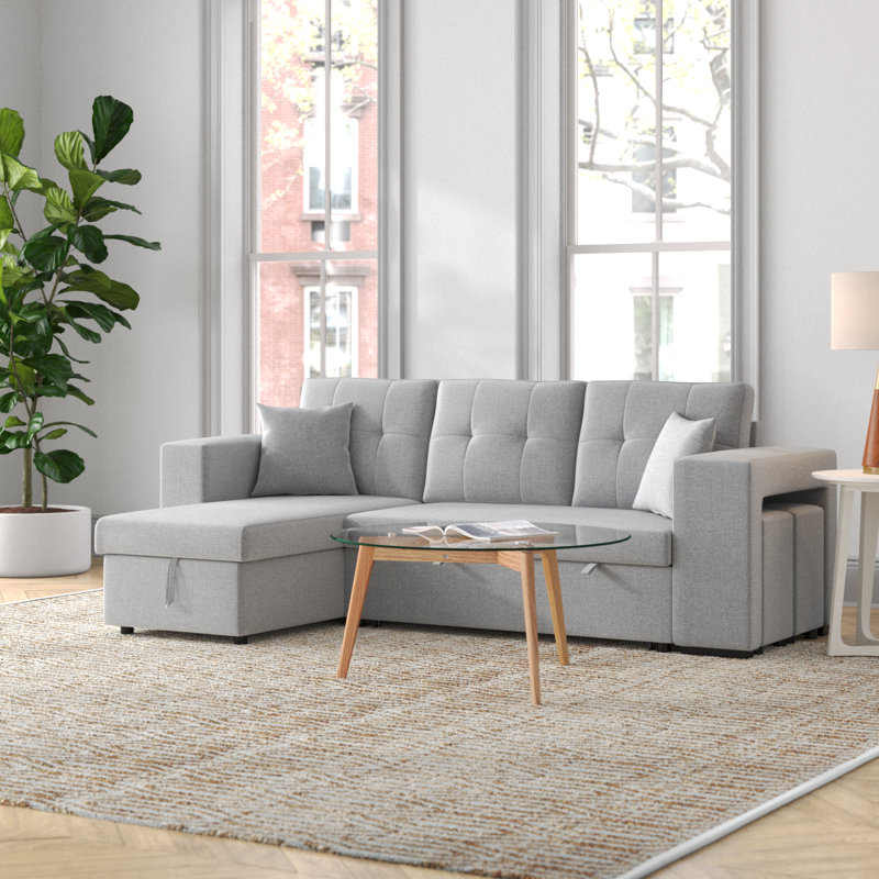 Senter Upholstered L-Shaped Sectional Reversible, Light Gray Linen Blend