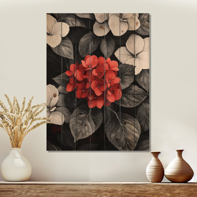 Monochrome Hydrangeas With Red Petal Accent II - Hydrangea Wood Wall Art - On Natural Pine Wood