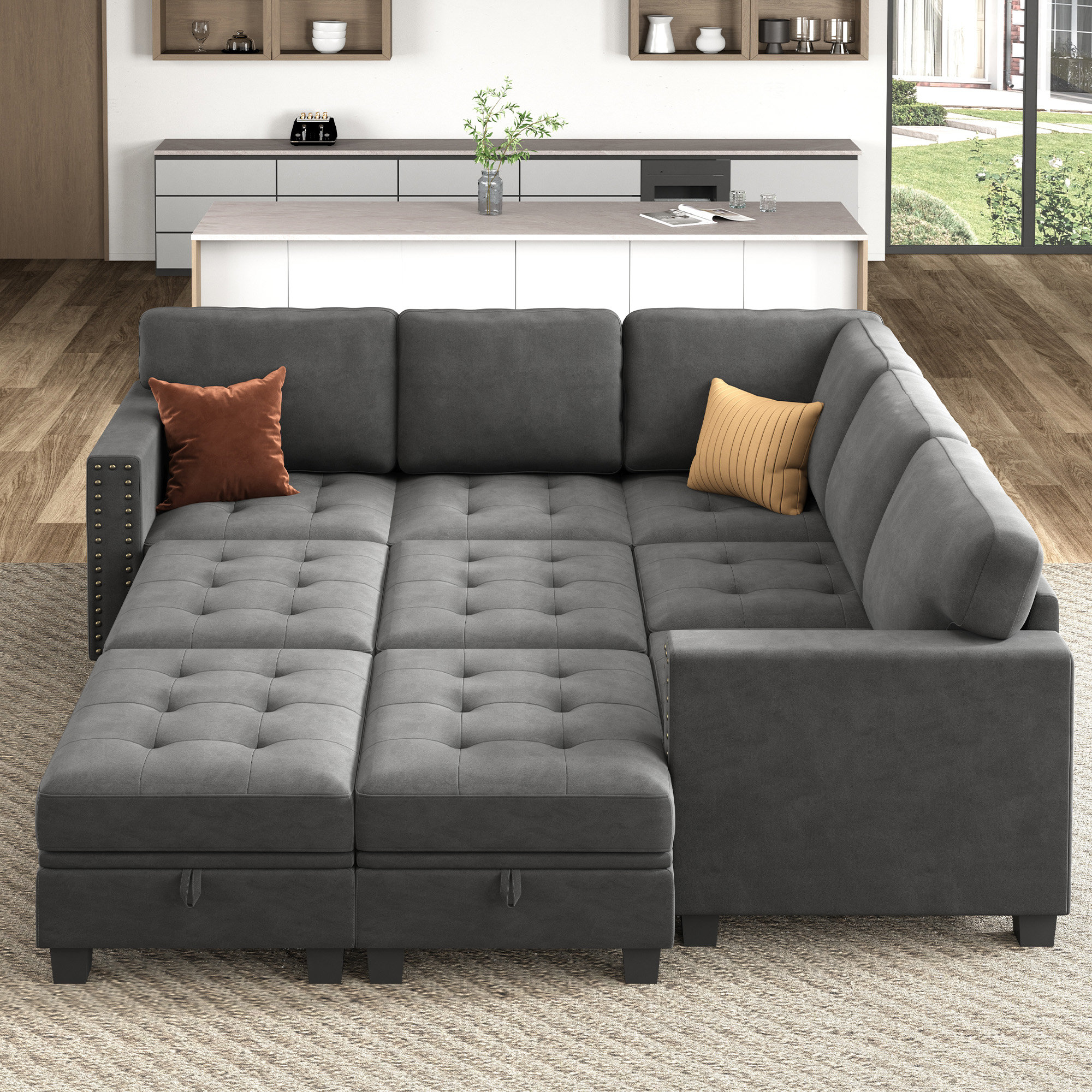 Breale Modular Corner Sectional U Shaped Sleeper Sectional Velvet Sofa Bed with Storage Ottoman Wade Logan Fabric Gray Velvet