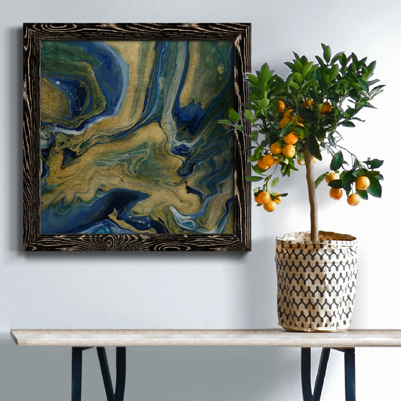 Golden Sea - peinture sur toile encadrée, Toile avec cadre noir patiné, H 17 po x l 17 po x P 1,5 po