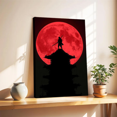 Silhouette de guerrier samouraï sur une pagode devant une lune de sang rouge. Art sombre, grande toile tendue sur châssis pour salon ou chambre.