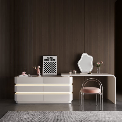 47.24"–90.55" Extendable Makeup Vanity Desk with LED Lights and 6 Drawers, Reversible Left or Right Storage Cabinet, Modern L-Shaped Corner Dressing Table for Bedroom