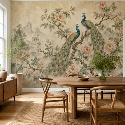 Papier peint chinois Paons Pivoines Fresque murale
