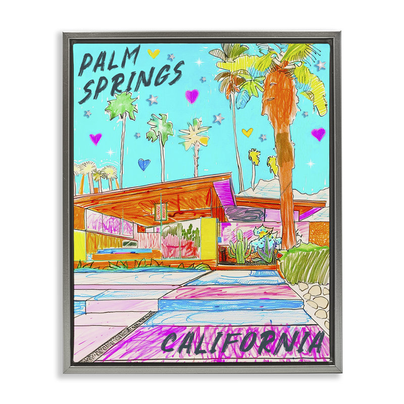 «Palm Springs Villa Doodle» par Jess Stempel, H 31 po x l 25 po, Cadre flottant gris lustré