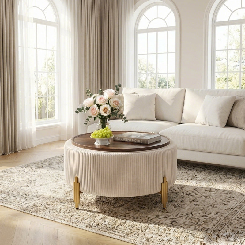 30" W Upholstered Round Storage Ottoman Coffee Table with Metal Legs, White