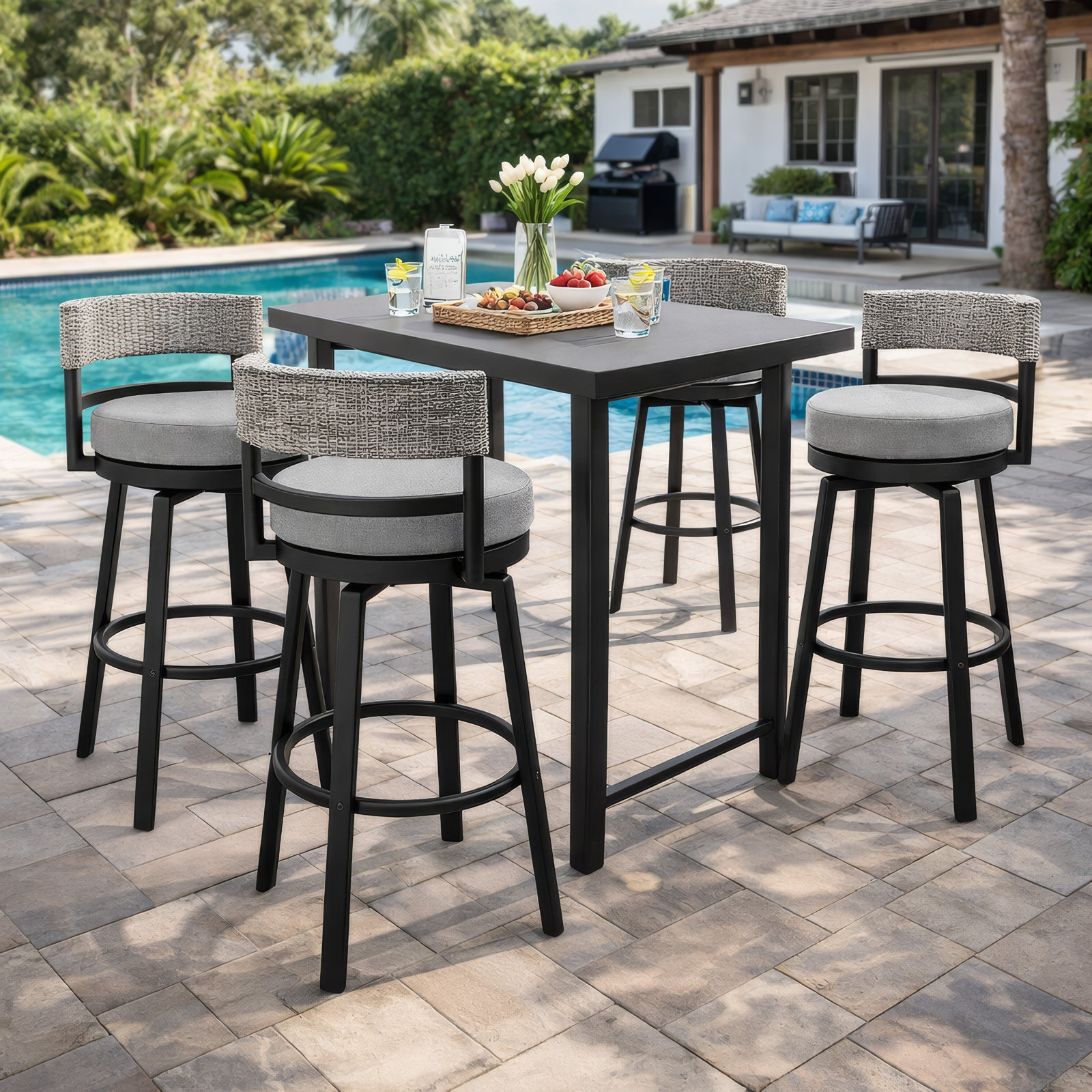 Chave 26" Patio Bar Stool with Cushion, Bar Stool (30" Seat Height)