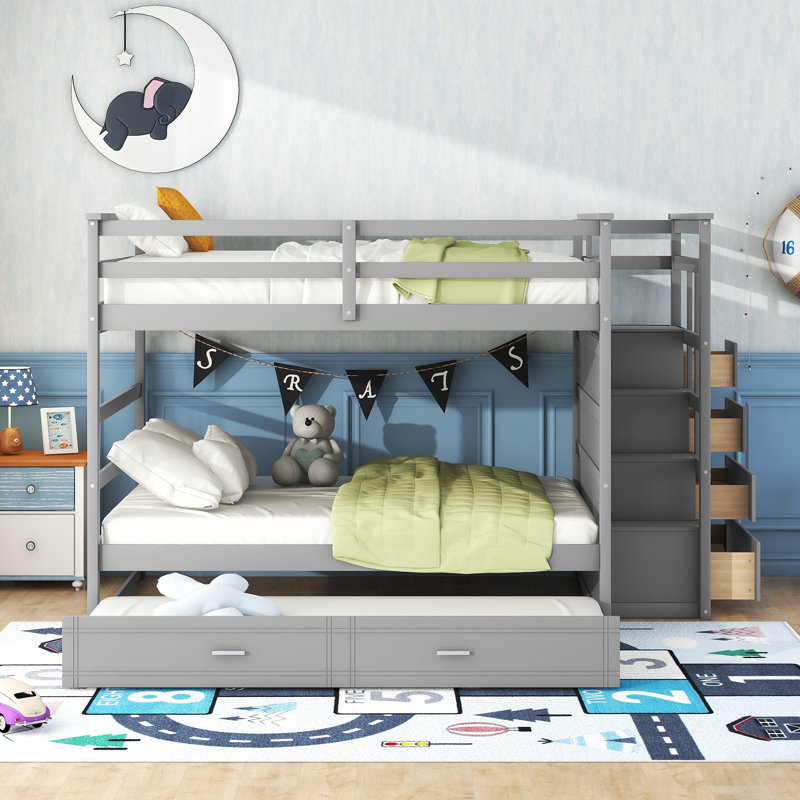 Bunk Bed with Storage Stairs and Trundle, Gray, Full over Full