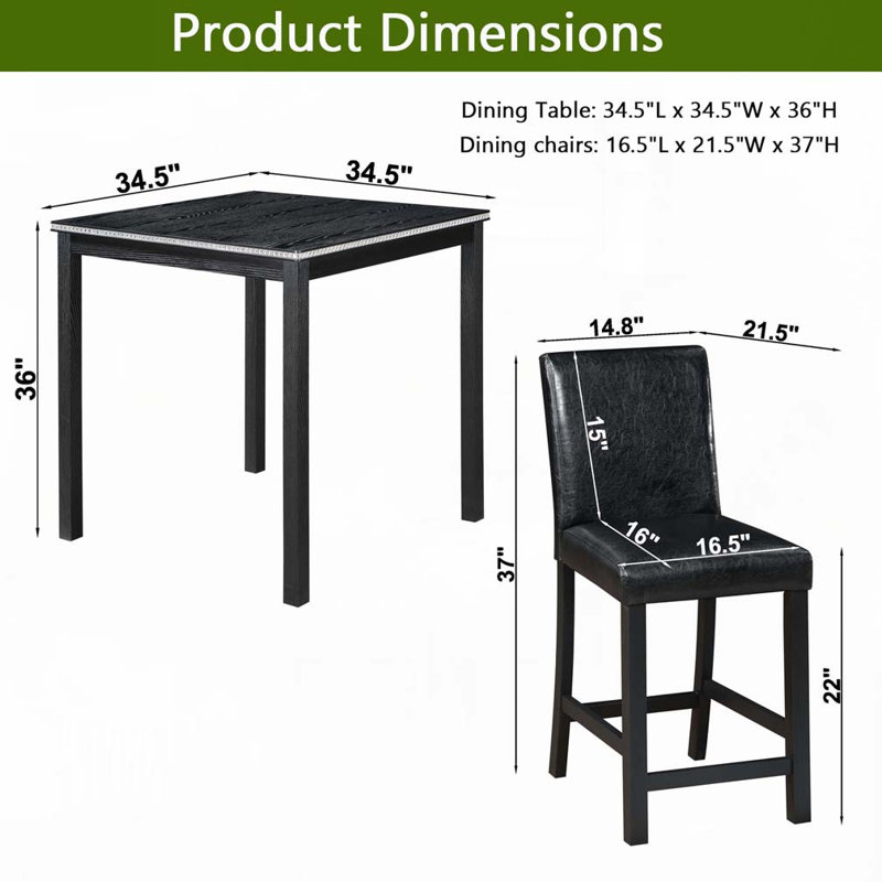 Ensemble de salle à manger Balachandran, Noir, Polyuréthane noir, H 36 po x L 34,5 po x l 34,5 po