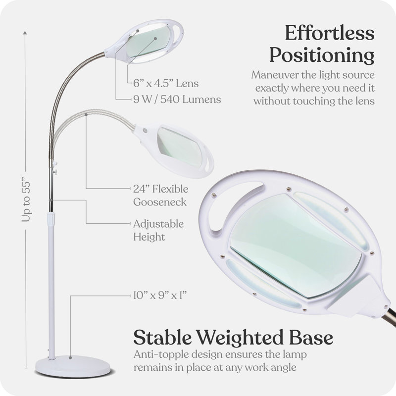 Lightview Pro 1.75X Magnifying LED Floor Lamp with Adjustable Gooseneck for Crafts, Reading & Zoom Detail Work (3 Diopter)