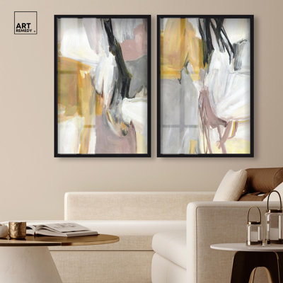 Gold Memories Set Shadowbox Print Pink Abstract Art Set by Art Remedy, Black Frame, 10 x 15