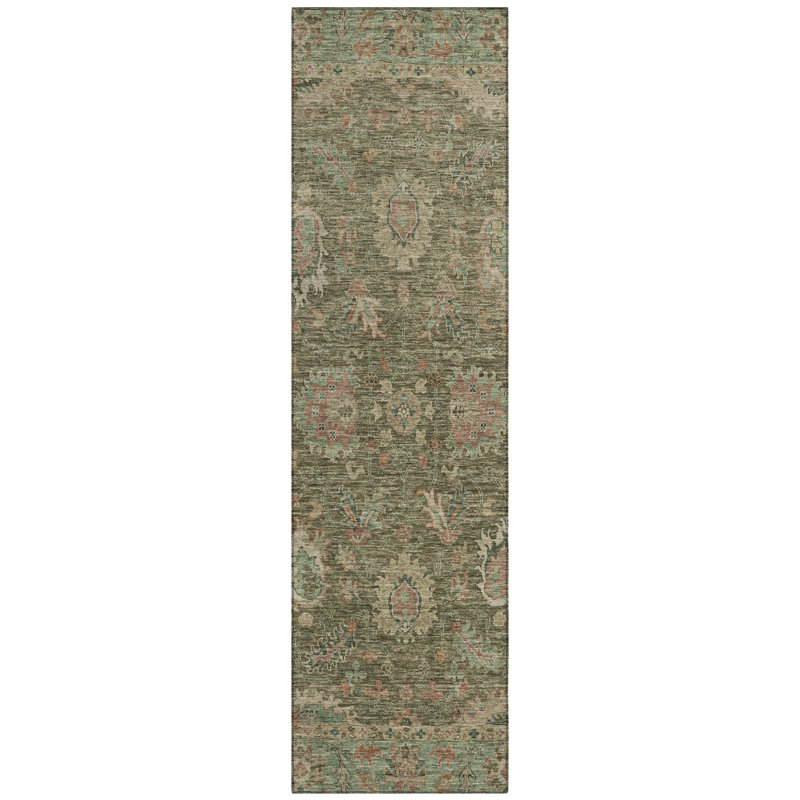 Machine Washable Indoor/Outdoor Xhevrie Olive Rug, Runner 2'3" x 7'6"