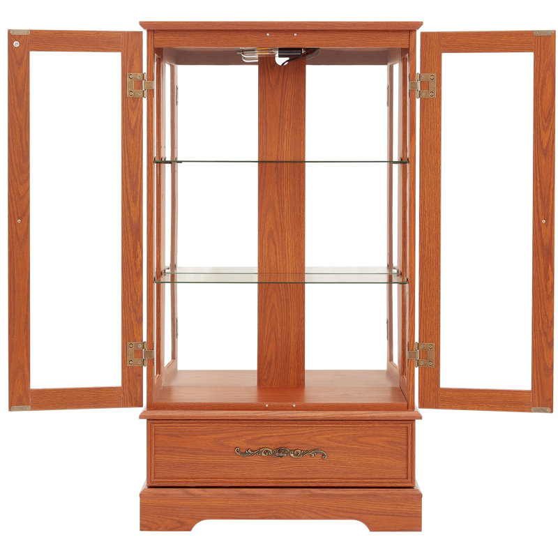 Vitrine lumineuse en verre avec tablettes réglables - Élégante vitrine à 2 portes et tiroir intégré, y compris l'ampoule - chêne foncé