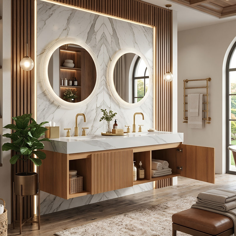 Meuble-lavabo flottant 60 po avec double vasque en céramique, plateau en pierre frittée, armoire en contreplaqué et 2 portes à fermeture en douceur (bois naturel)