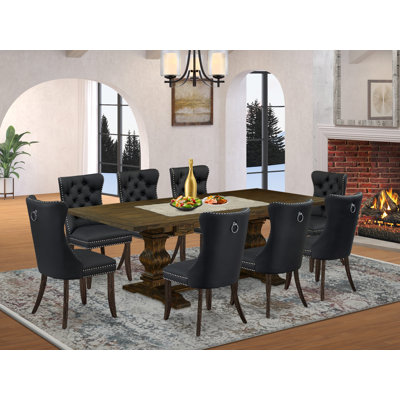 9 Piece Kitchen Set Includes a Rectangle Dining Table with Removable leaf and 8 Upholstered Chairs, distressed Jacobean