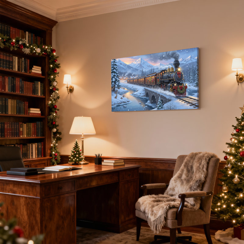Tableau sur toile représentant un train de Noël et un paysage de montagne enneigée, H 16 po x l 24 po
