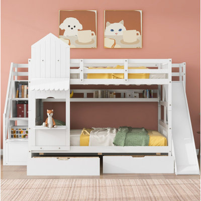 Full-Over-Full Castle Style Bunk Bed with 2 Drawers 3 Shelves and Slide - White