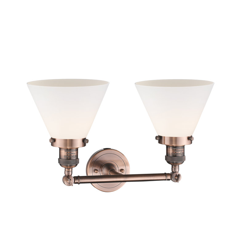 Cone 2 Light Bath Vanity Light, 6 Watt Vinage LED Bulb, Matte White Cased, Antique Copper