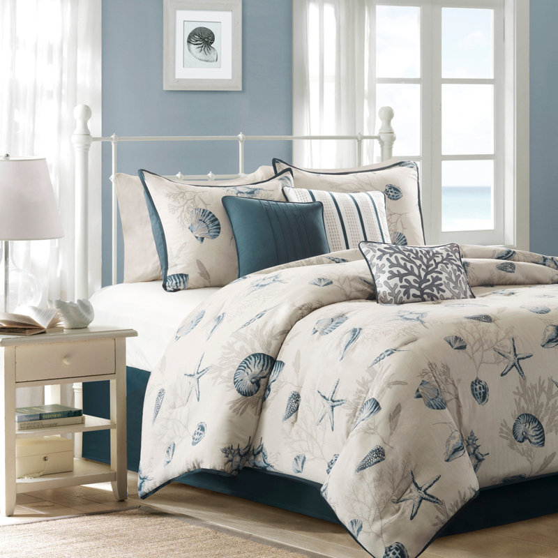 Ensemble d'édredon en satin de coton 7 pièces bleu