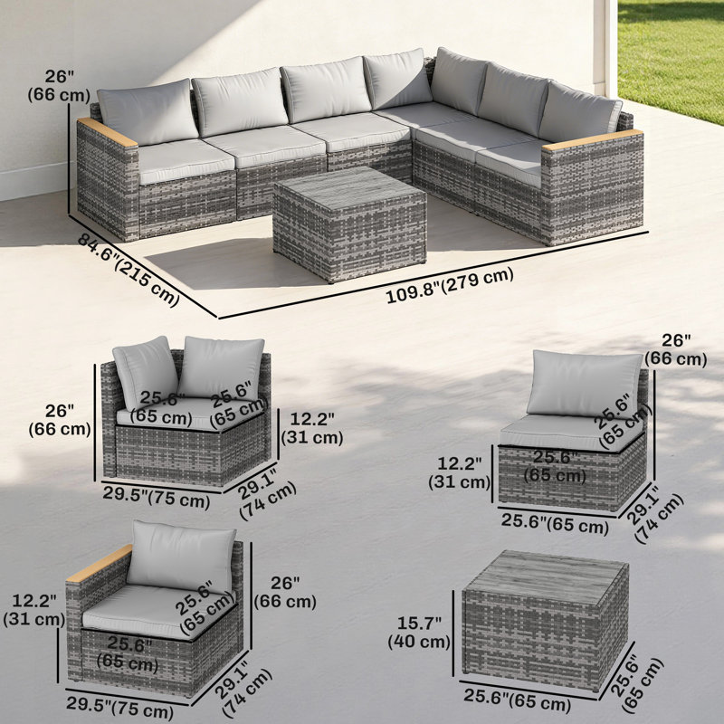 Ensemble de meubles de patio 7 pièces, modulaire d'extérieur en osier, gris clair