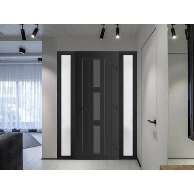 Avant en métal pré-suspendu | Manux 8112 noir mat | 2 traverses latérales latérales | Bureau Portes de garage commerciales et résidentielles pour patio 64 po x 80 po (l 14 + 36 + 14 po x H 80 po) à gauche