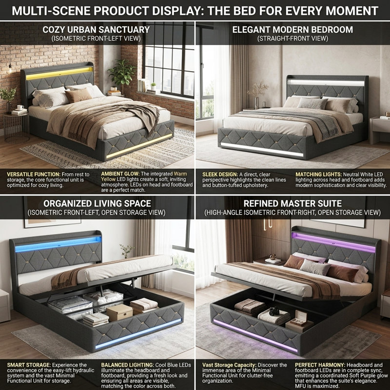 EU Double & King Linen Ottoman Bed with Wireless Charging & Dual LED, Tufted Wingback Storage Headboard, 140/160x200cm, Grey
