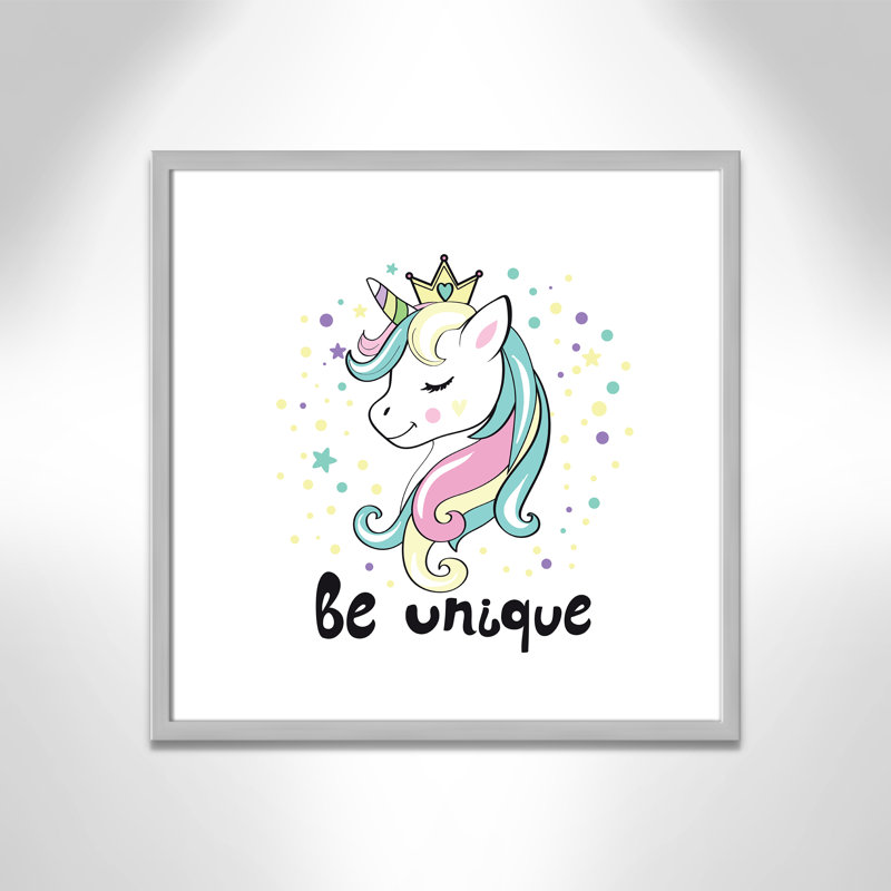 «Be Unique», impression sur papier licorne, H 22,5 po x l 22,5 po x P 1,18 po, Encadré de boîte argent