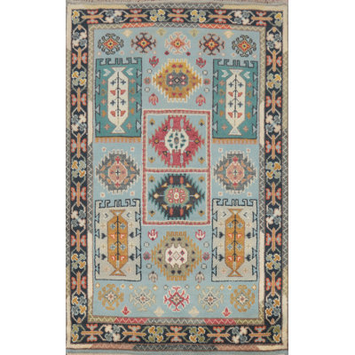 Tapis bleu clair à motif géométrique indien clair Kazak 4 x 6