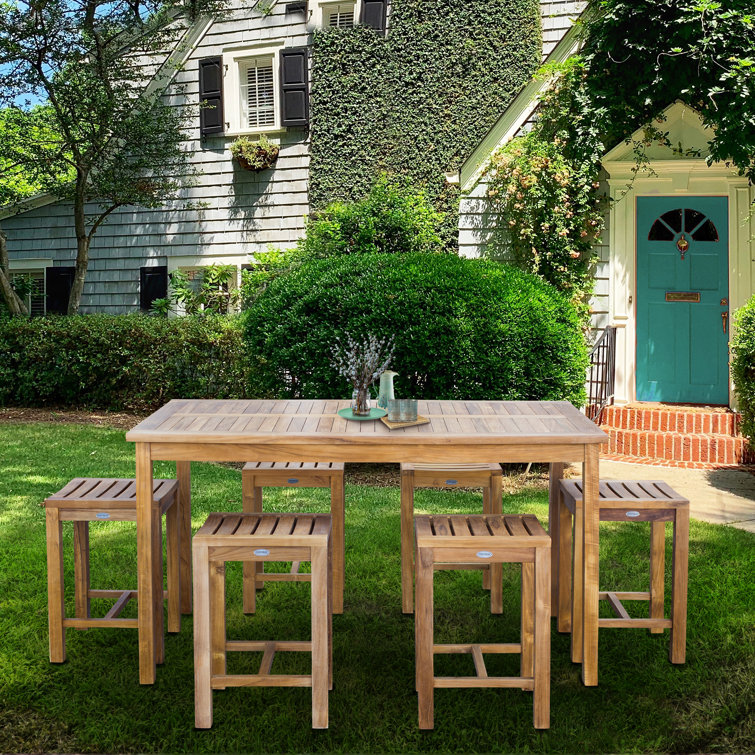 7 Piece Teak Wood Antigua Patio Counter Height Bistro Set With 63" Rectangular Table And 6 Stools