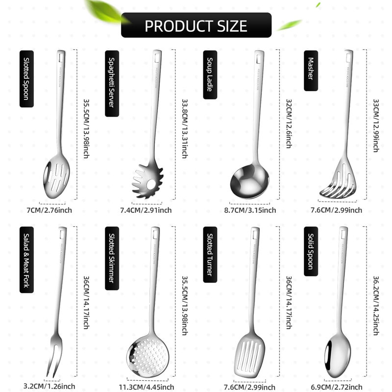 Ensemble d'ustensiles de cuisine en acier inoxydable 18/8 de qualité supérieure - Outils de cuisine 8 pièces avec cuillère rainurée, louche, spatule, presse-purée et plus encore - lavable au lave-vaisselle, conception ergonomique pour une cuisson po
