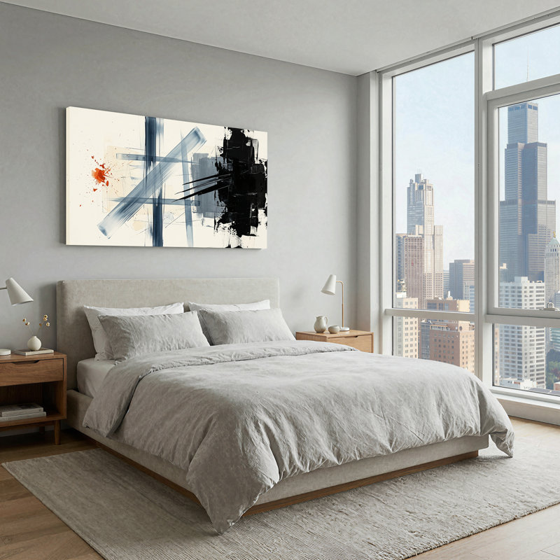 Tableau abstrait bleu et noir avec éclaboussures orange sur toile, L 40 po x H 20 po