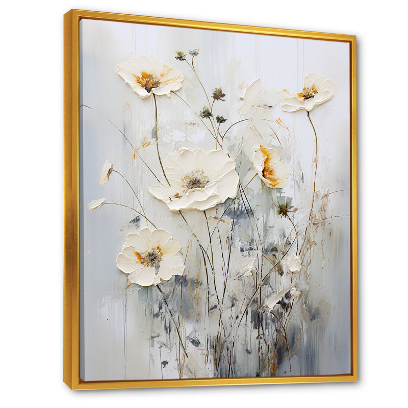 Motif floral blanc sur fond blanc, Cadre flottant doré, H 32 po x l 24 po x P 1 po