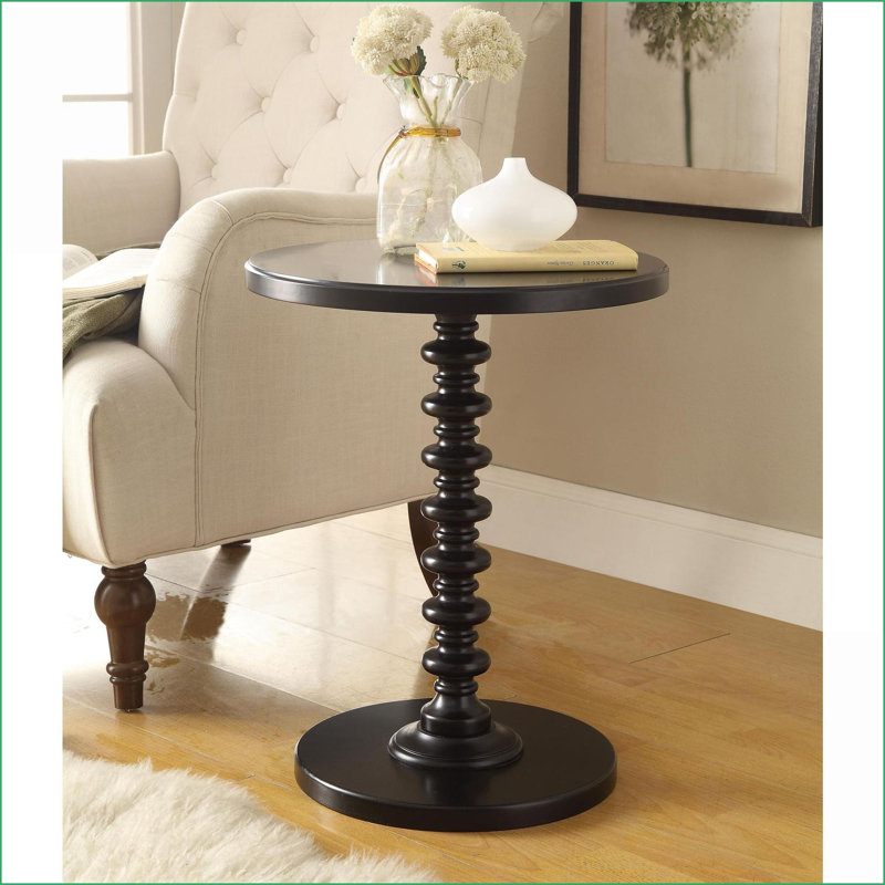Table basse ronde en bois noir avec piédestal tourné, facile à assembler pour le salon
