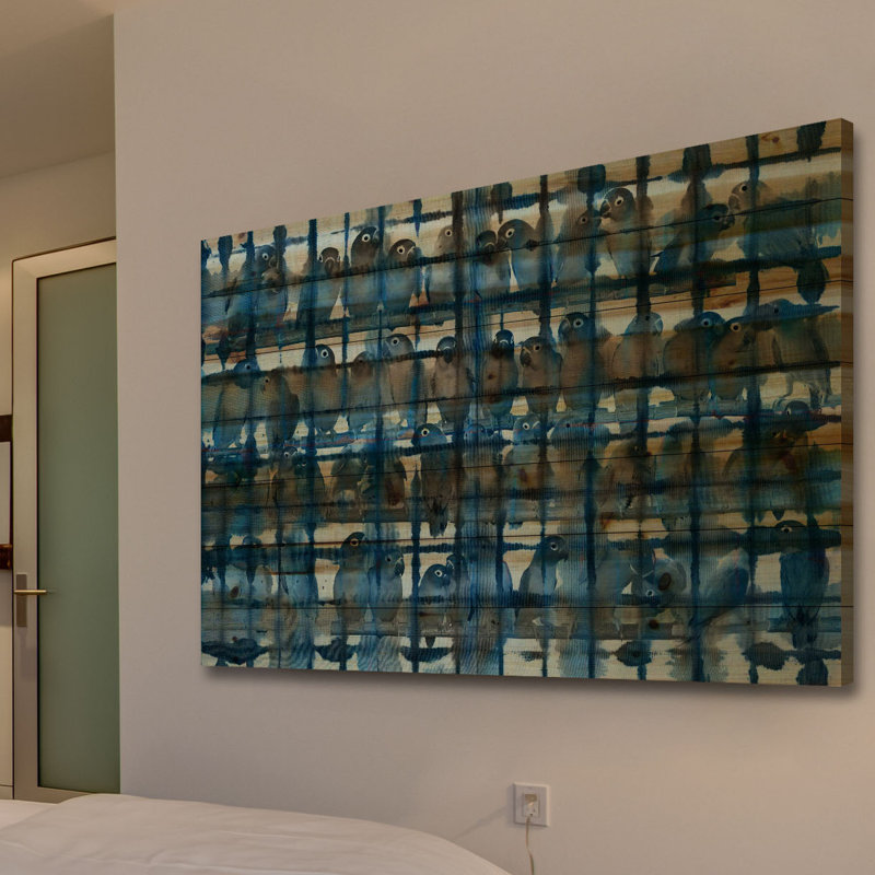 "bleu encombré" par parvez taj,, reproduction d’art sur bois de pin naturel, 24 po x 36 po