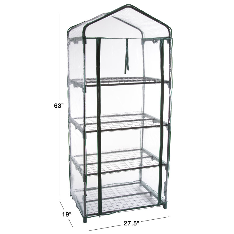 Compact 4-Tier Green Iron Mini Greenhouse with Zippered PVC Cover