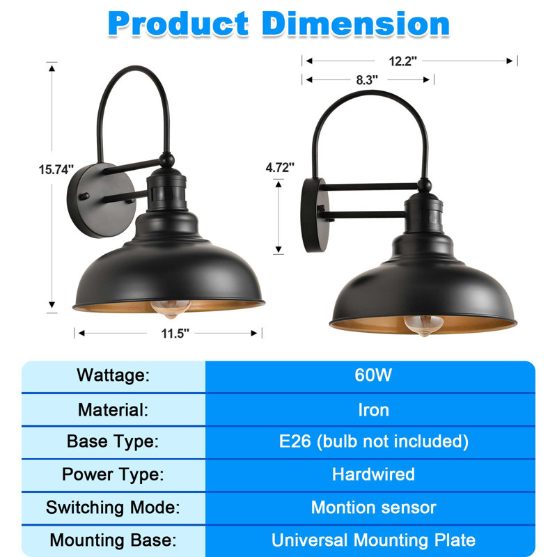 Farmhouse 1-Light Dusk To Dawn Sensor and Motion Sensor Outdoor Wall Barn Lights, Black/Gold