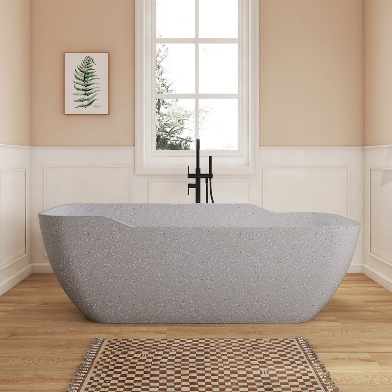 Fslefay 71'' Terrazzo Freestanding Solid Surface Concrete Soaking Bathtub, White