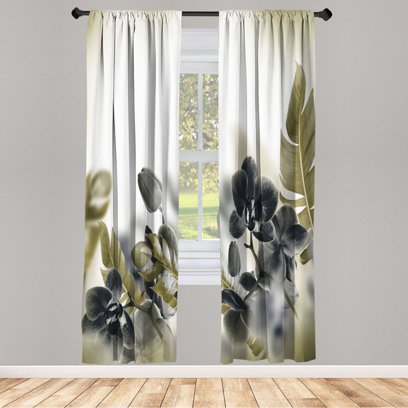 Microfiber Floral Semi-Sheer Rod Pocket Curtain Panels, 28" W x 95" L, Black/Moss Green/White