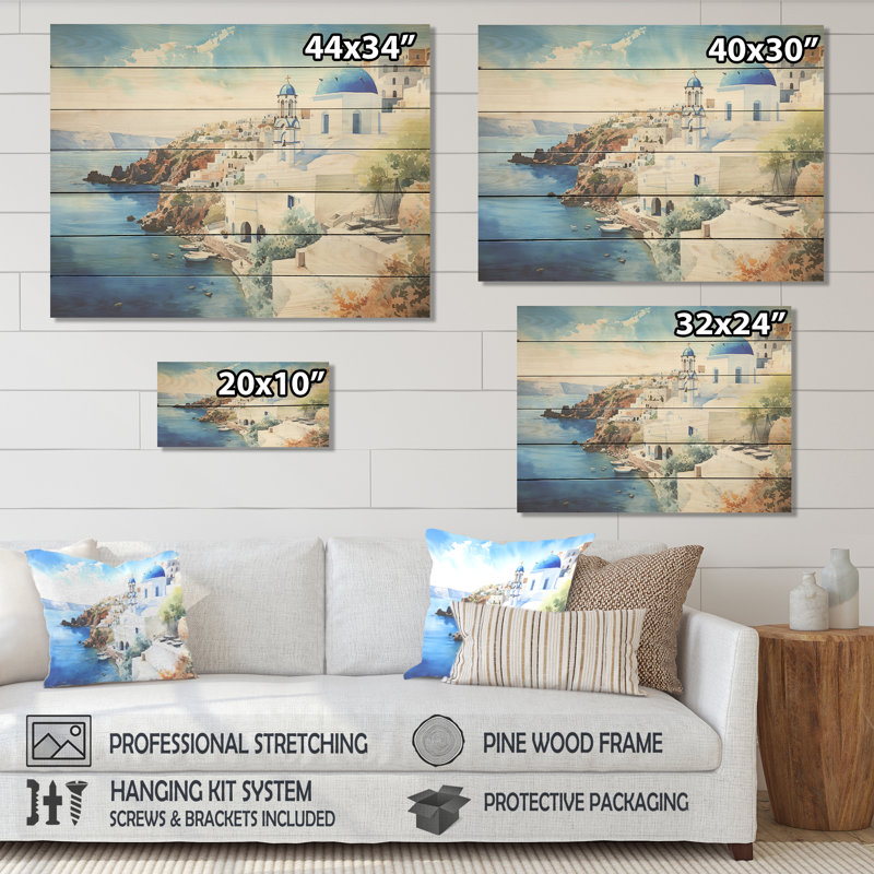Grèce «Santorini Coastal View I - Grèce sur bois», H 34 po x l 44 po x P 0,78 po