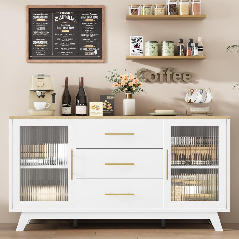 Buffet avec 2 portes en verre cannelé, armoire à café moderne de 56 po avec 3 grands tiroirs, armoire de rangement longue blanche pour la cuisine, le salon et la salle à manger
