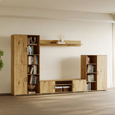 126" Wide Large Multi-Level Bookcase With Glass Rack by Latitude Run