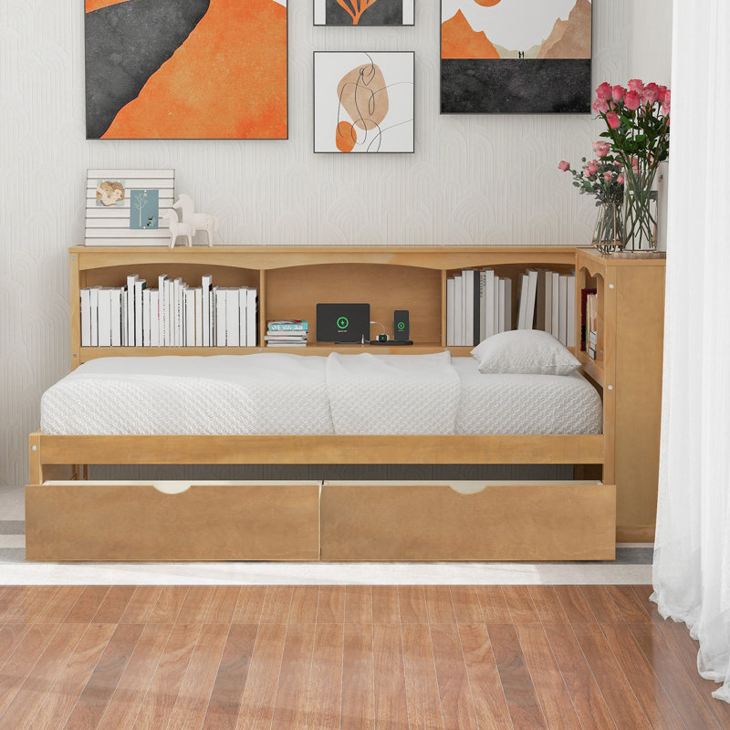 Charsie Daybed with Two Storage Drawers, Storage Cabinets and USB Ports, Natural