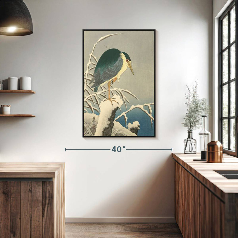 Héron dans la neige, Cadre flottant noir, 27 po x 40 po