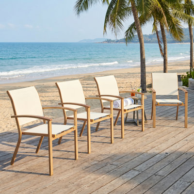 Outdoor Dining Chairs With Wood-Look Frame And Breathable Textilene Sling Seat