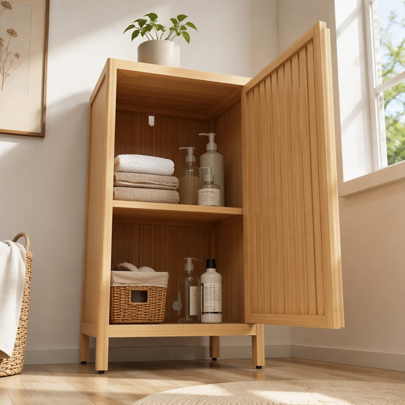 Armoire de rangement autoportante en bambou avec porte et tablette pour le salon, la chambre et le couloir