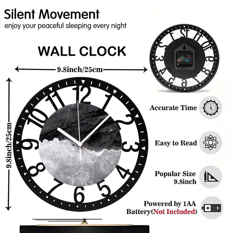 Horloge murale ronde en fer 10 po avec mouvement à quartz silencieux, chiffres arabes, impression UV, Gris cendre