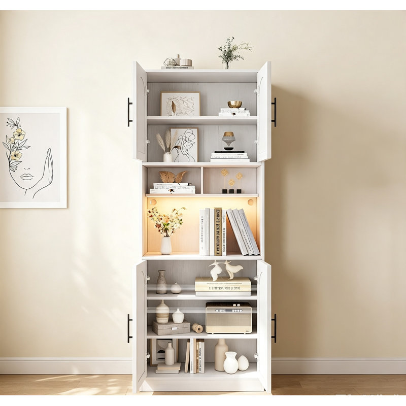 Armoire de garde-manger de 71 po de hauteur avec comptoir, armoires de cuisine avec bande lumineuse et tablette à micro-ondes, armoire de rangement pour huche de cuisine avec tablettes réglables