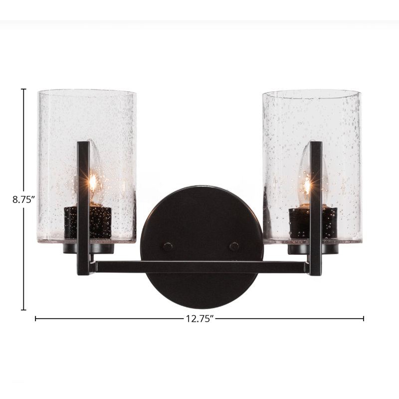 Barre d'éclairage de salle de bain 2 lumières Atlas avec finition en graphite et verre transparent de 4 po, Noir mat
