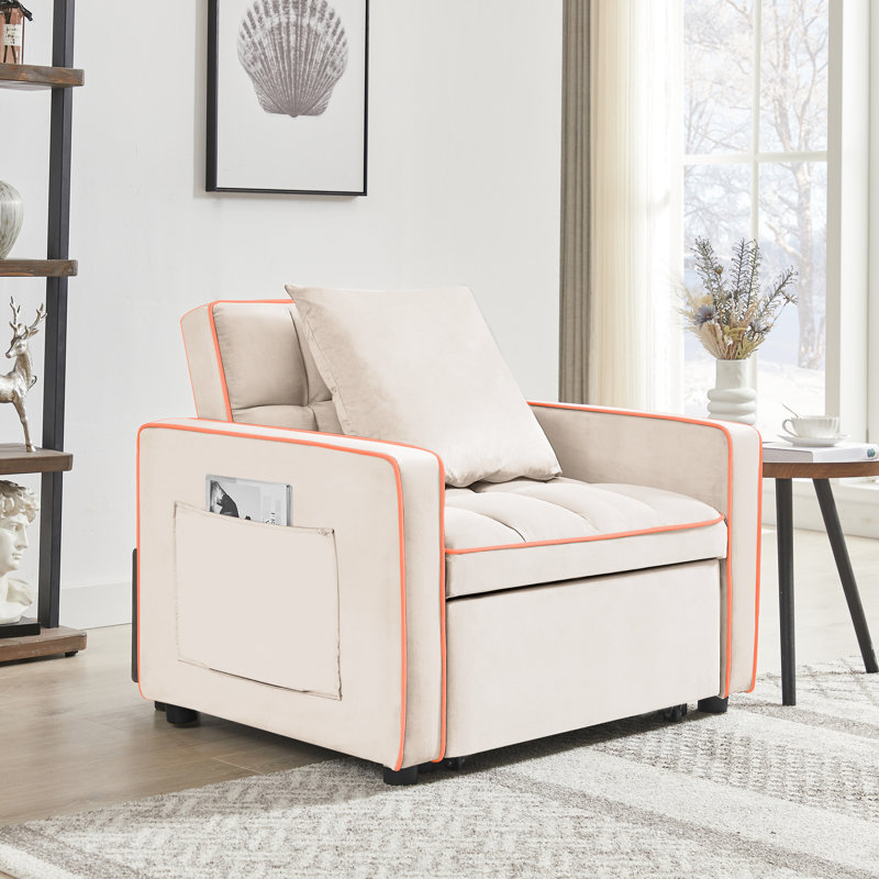 Lit pliant blanc crème avec dossier réglable et accoudoirs à plateau-coussin, style moderne pour l'espace de vie principal Trois - une chaise courbée, convertible en différentes positions,