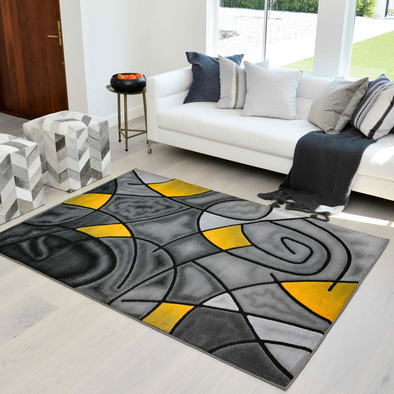 Tapis jaune à motif abstrait Richawara, Rectangle 5 pi x 7 pi