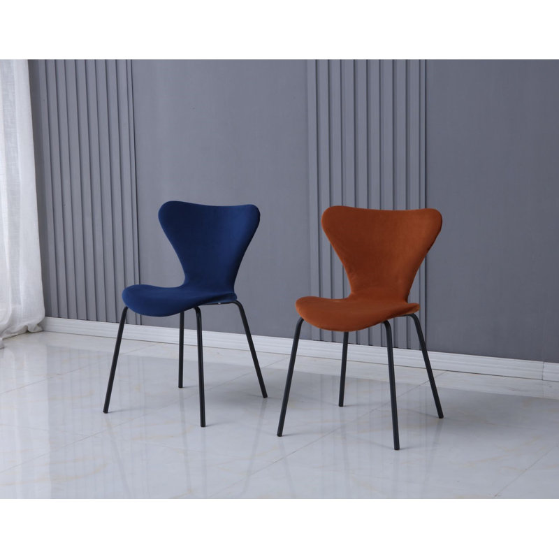 2 Makai Velvet Upholstered Dining Chair with Powder Coated Metal Legs, Orange, Black